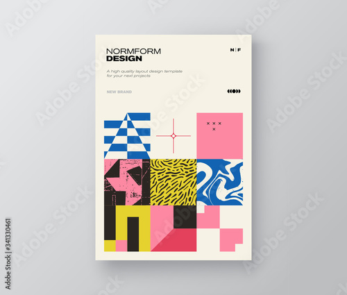 New modernism aesthetics in vector poster design cards. A4 page template layout with brutalism graphics and abstract geometric shapes, great for poster art, business presentation, digital prints.