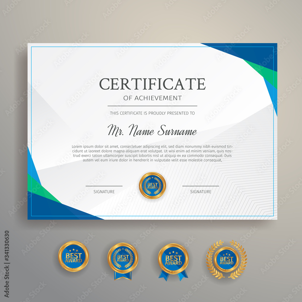 Fototapeta premium Modern simple certificate in blue and green color with gold badge and border vector template