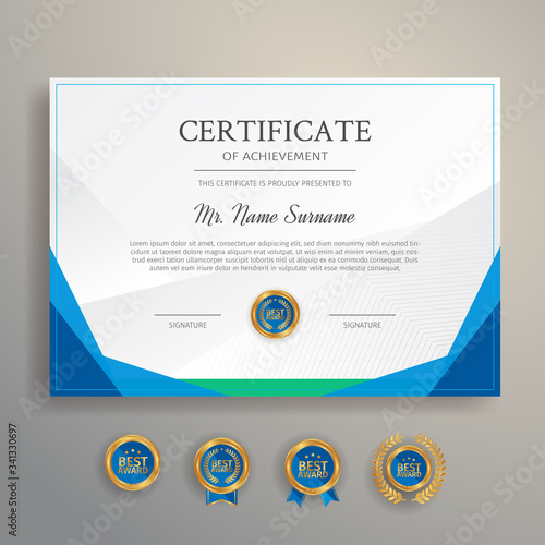 Modern simple certificate in blue and green color with gold badge and border vector template