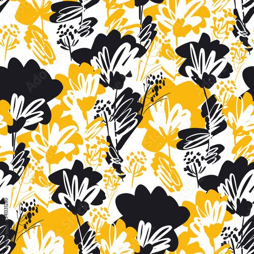 Black and yellow modern floral seamless pattern