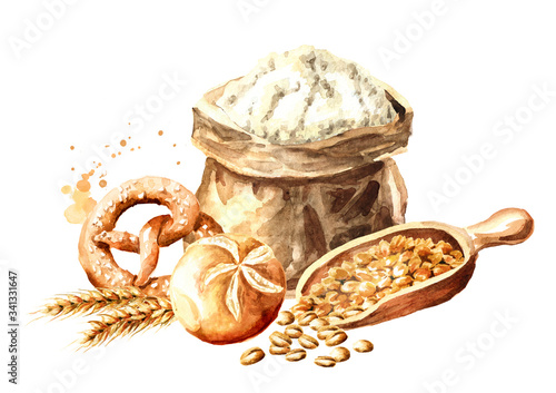 Backery concept. Fresh baked goods with wheat ears, grains and  flour. Hand drawn watercolor, illustration isolated on white background photo