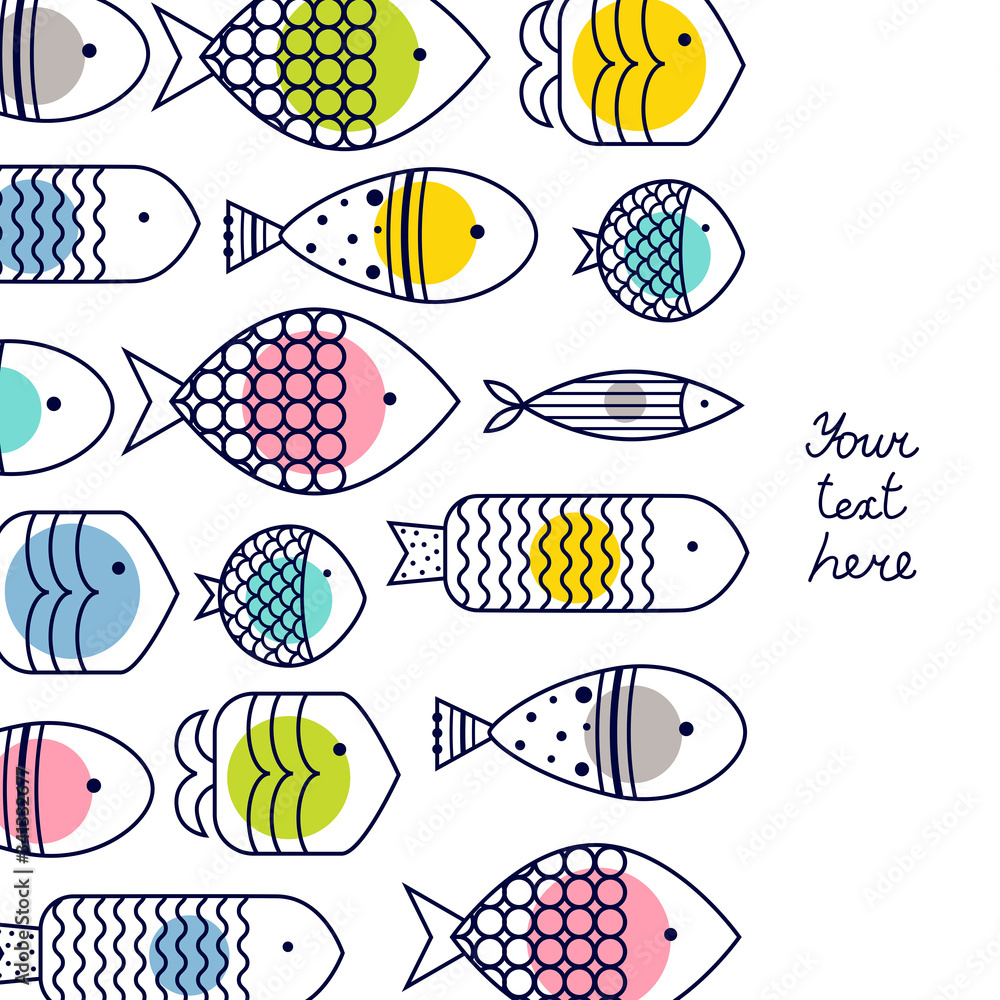 Cute fish, cute polka dots. Line vector card.