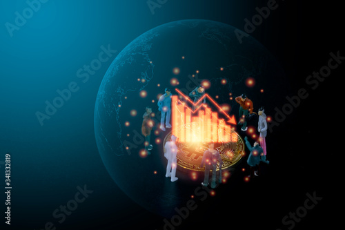 Group of business miniature people standing around on golden coin in trensparent earth with red graph drop arrow down on blue technology background.. Money losing. Stock crisis and finance concept.