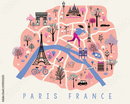 Cartoon Map of Paris with Legend Icons. Print Design