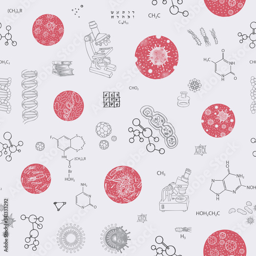 Vector seamless pattern on the theme of chemistry, biology, medicine, genetics. Repeatable illustration with sketches of bacterium cells and microscopes. Suitable for wallpaper, wrapping paper, fabric