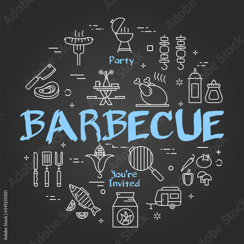 Vector black line banner for picnic and grill party - barbecue
