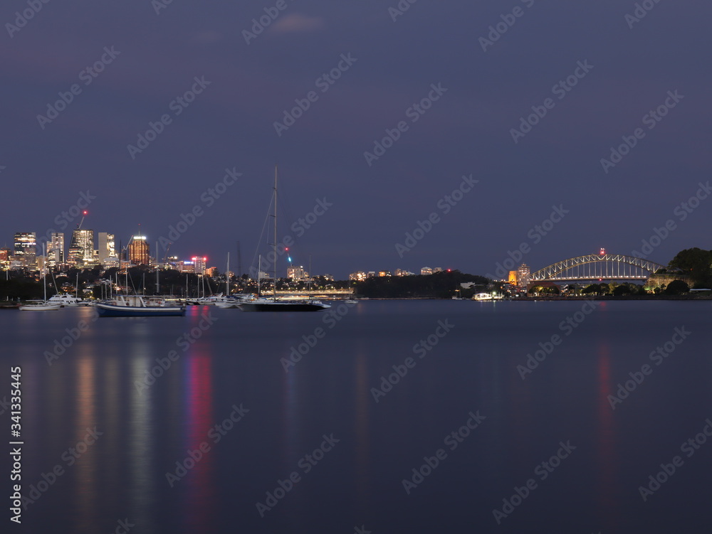 Drone Panoramic Aerial view of Sydney Harbour and the beautiful vibrant colours of the afternoon showing smooth harbour waters 