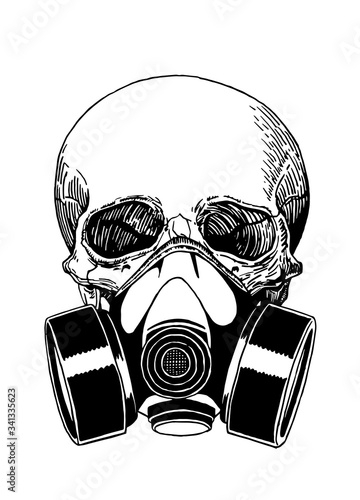 Graphical sketch of human skull in gas mask isolated on white background,vector illustration