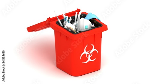 Medical trash 3d illustration. Coronavirus protection equipment in medical waste bin. Used face masks and sterile gloves.