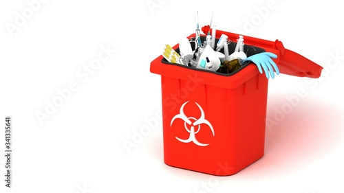 Medical trash 3d illustration. Coronavirus protection equipment in medical waste bin. Used face masks and sterile gloves.