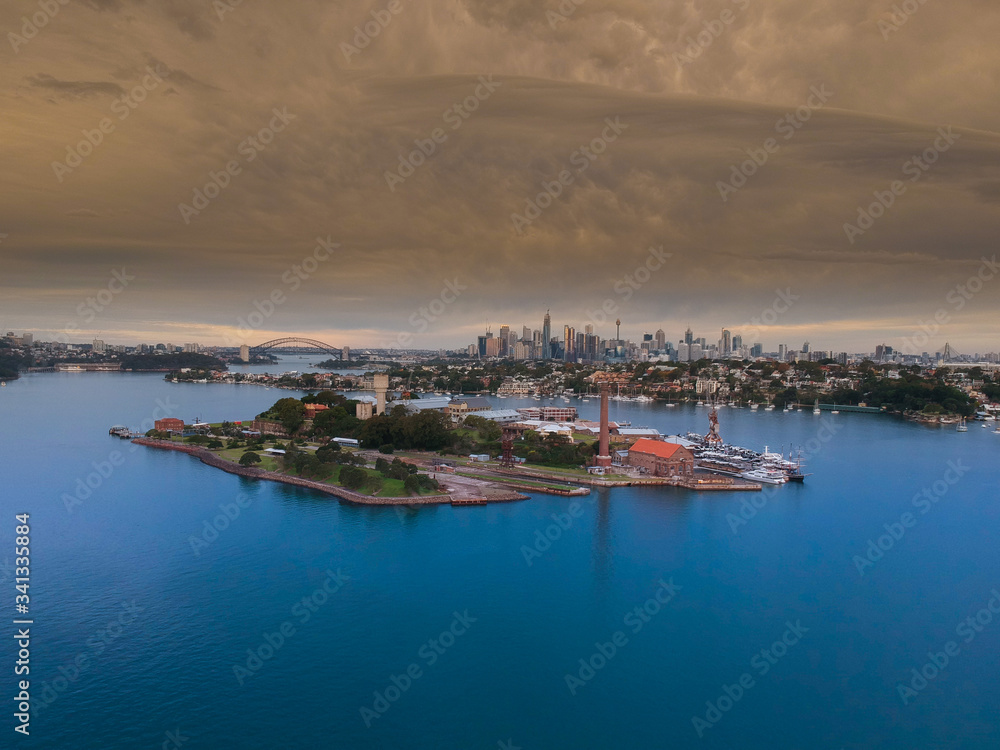 Drone Panoramic Aerial view of Sydney Harbour and the beautiful vibrant colours of the afternoon showing smooth harbour waters 