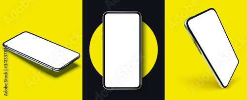 Smartphone frame less blank screen, rotated position. Smartphone from different angles. Mockup generic device. UI/UX smartphones set. Template for infographics or presentation 3D realistic phones.