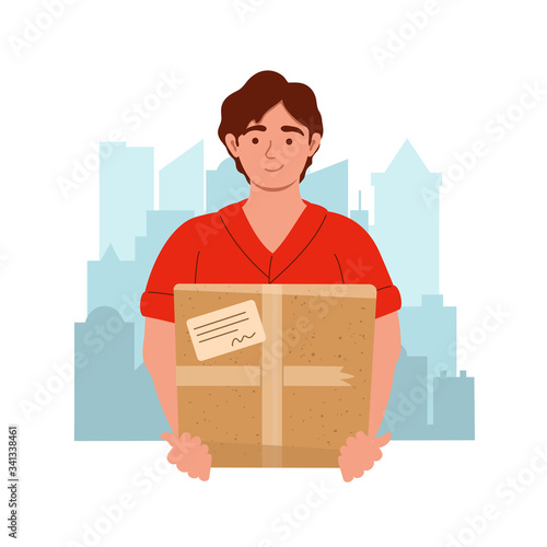 Courier with the package on the city background. Male courier character with box during the prevention of virus. Vector illustration in flat style. Delivery and service concept.