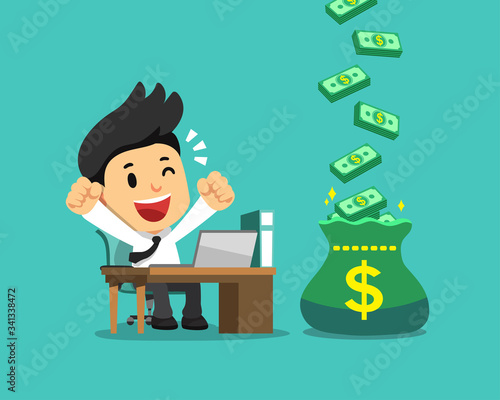 Cartoon happy businessman with big bonus money bag for design.