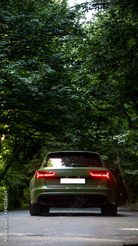 Green sedan with red xenon lights in the forest under green trees