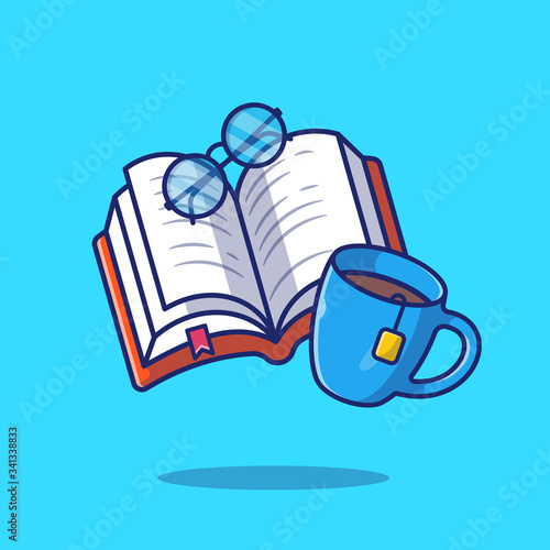 Book With Coffee And Glasses Vector Icon Illustration. Education Concept Isolated. Flat Cartoon Style Suitable for Web Landing Page, Banner, Flyer, Sticker, Card