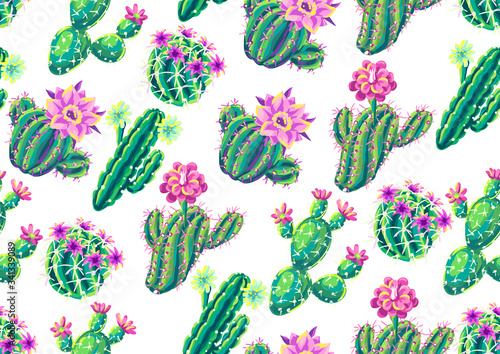 Seamless pattern with cacti and flowers.