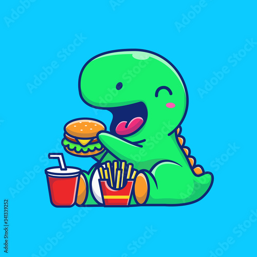 Cute Dinosaur Eating Burger Vector Icon Illustration. Dino Mascot Cartoon Character. Animal Icon Concept White Isolated. Flat Cartoon Style Suitable for Web Landing Page, Banner, Flyer, Sticker, Card
