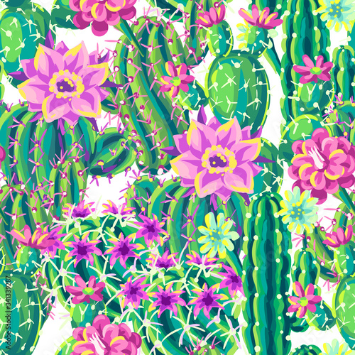 Seamless pattern with cacti and flowers.