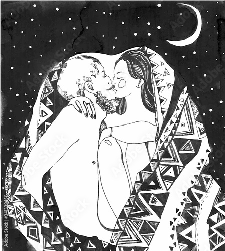 beautiful sexy couple embracing and kissing in bed