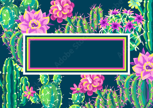 Background with cacti and flowers.