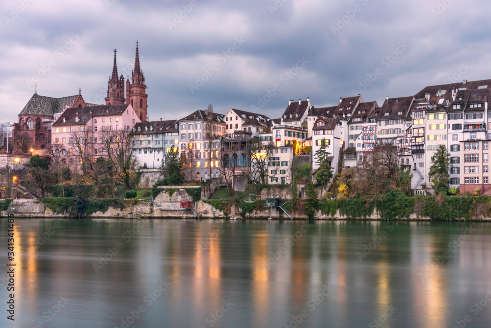 Scenic view of Rhine waterfront with Basel Minster in the background, Switzerland