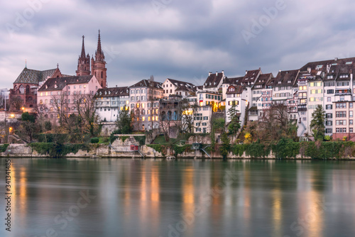 Scenic view of Rhine waterfront with Basel Minster in the background, Switzerland © othman