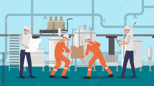 Flat industrial horizontal banners with employees working inside factory and warehouse workers vector illustration. Manufacturing process cartoon character. Oil production worker check task.