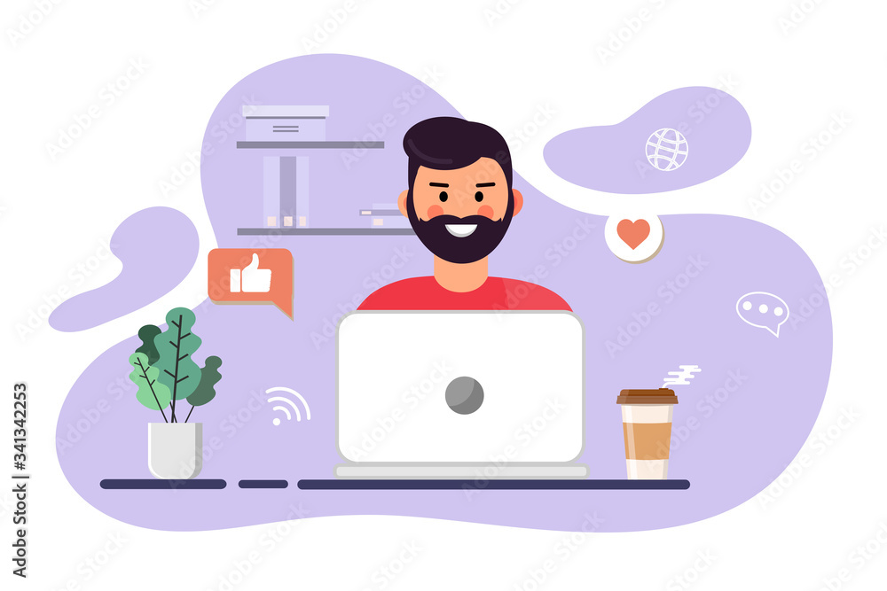 Illustration of tired man working on computer on gray background. Illustration of tired man working on computer on gray background.