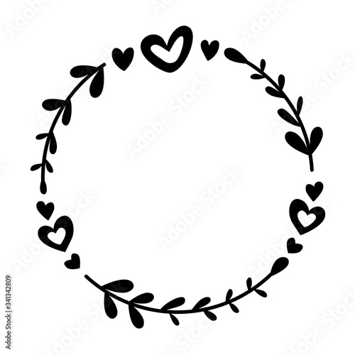 Doodle black line heart and leaves in circle on white background. Vector illustration for decorate logo, text, wedding, greeting cards and any design.
