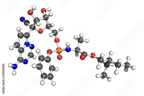 Remdesivir is a candidate COVID-19 drug, originally developed as a treatment for ebola. Ball and stick model.