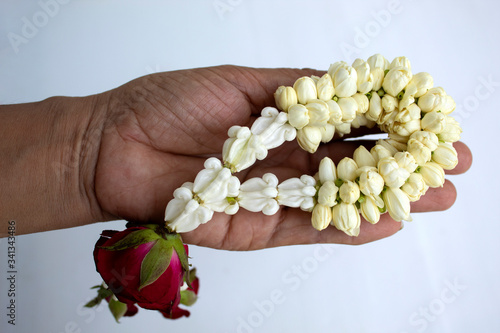 jasmine garland in  hand isolated on white background ,Thai mother's day concept ,Songkran Festival