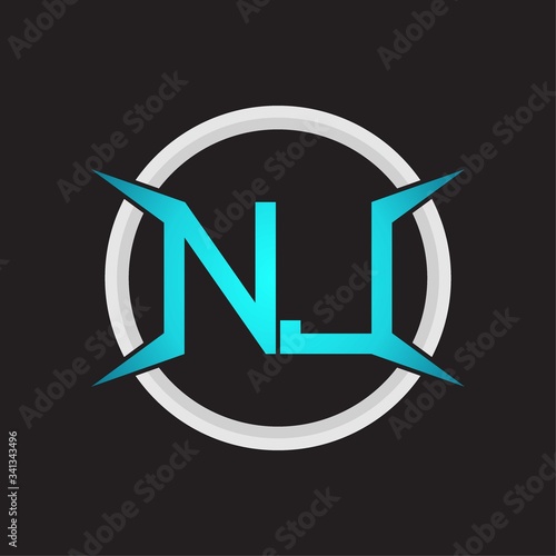 NJ Logo monogram with circle and four taper shape design template