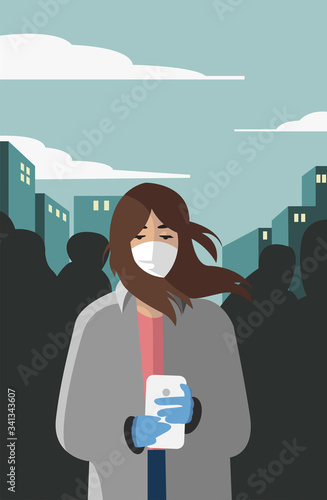 Creative concept healthcare vector illustration woman girl walking in the city urban street with phone and medical mask gloves protecting from covid 19.