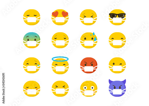 Set of emoticons wearing surgical protective masks , emoji isolated on white background, flat vector illustration