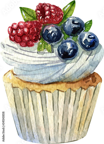 Watercolor hand drawn cake illustration. Cream, chocolate and berries. Sweet dessert. Best for menu, posters, prints, greeting cards, kitchen decorations