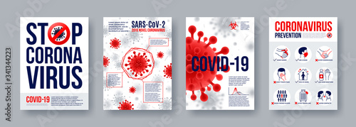 Coronavirus poster set with infographics elements. Novel coronavirus 2019-nCoV banners. Concept of dangerous Covid-19 pandemic. Vector illustration.