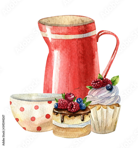Watercolor composition with teapot, cup, cake and flowers on the checkered tablecloth. Cosy kitchen decor. Hand painted illustration. English breakfast, vintage style