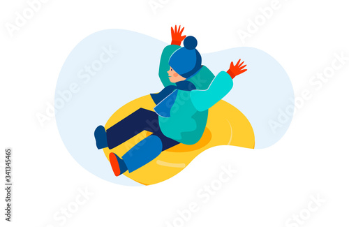 Happy boy sledging and having fun. Kid riding on snow tube flat vector illustration. Holiday, outdoor activity, winter vacation concept for banner, website design or landing web page
