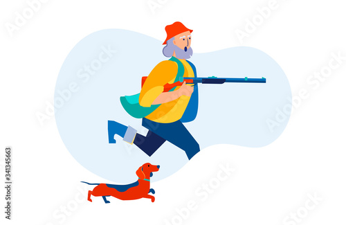 Senior man with gun hunting outdoors. Hunter running with riffle and dog flat vector illustration. Lifestyle, outdoor activity, adventure concept for banner, website design or landing web page