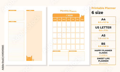 Minimalist Monthly planner pages templates vector paper A4, US Letter, A5, B5, Happy Planner Classic, Sweet Life Planner Ai, EPS 10 and PDF File
