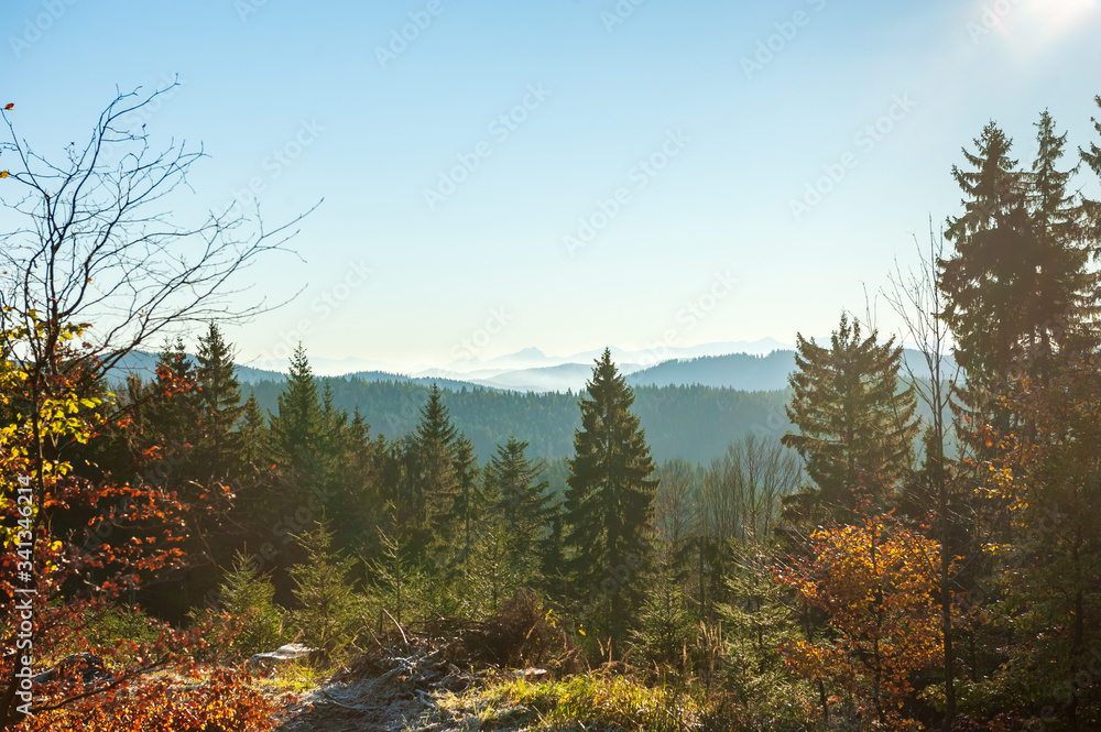 Warm light sunset panorama view of Beskydy mountains with fog in the valley and blue cloudless sky, beutiful sunny afternoon in Czech mountains, Beskid Slaski near Lysa hora mountain. Warm light sunset panorama view of Beskydy mountains with fog in the valley and blue cloudless sky, beutiful sunny afternoon in Czech mountains, Beskid Slaski near Lysa hora mountain.