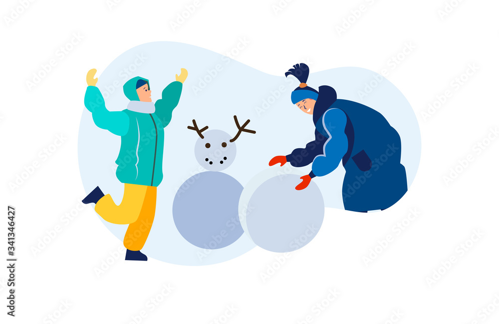 Happy mom and son making snowman outdoors. Young woman and boy enjoying winter activity flat vector illustration. Family, lifestyle concept for banner, website design or landing web page