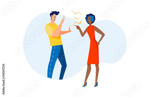Arguing couple in conflict. Man and woman shouting and blaming each other flat vector illustration. Toxic relationship, problem, breakup concept for banner, website design or landing web page