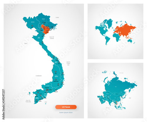 Editable template of map of Vietnam with marks. Vietnam  on world map and on Asia map.