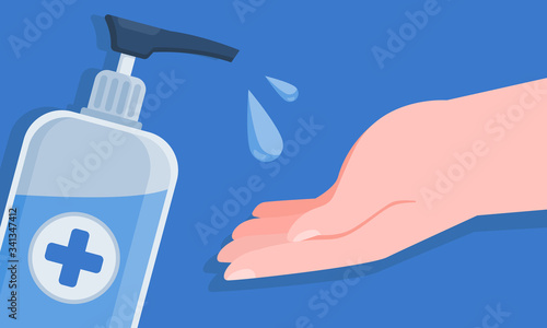 Close up view of hand sanitizer, healthcare and hygiene concept, vector illustration flat design.