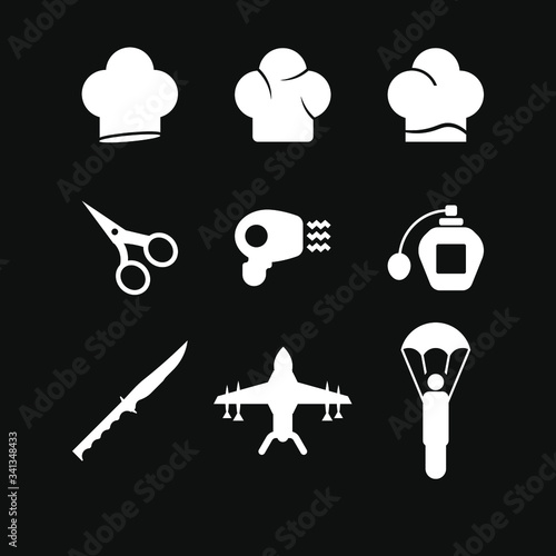 set of 9 universal icons, hat, airplane and knife 