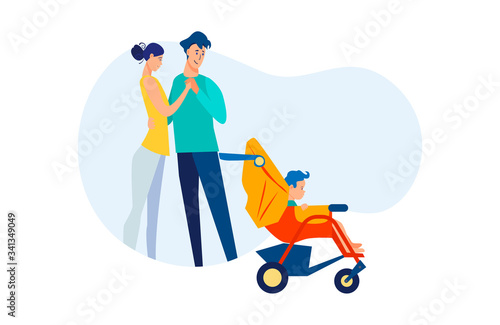 New parents walking with child in pram. Young couple and toddler outside flat vector illustration. Child care, parenthood, lifestyle concept for banner, website design or landing web page