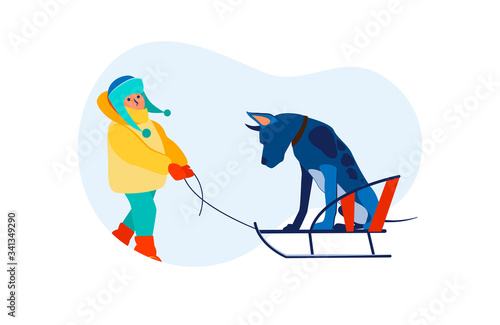 Kid and dog sledging outdoors. Boy walking with pet in park flat vector illustration. Leisure, outdoor activity, winter vacation concept for banner, website design or landing web page