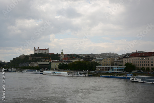 Photography BRATISLAVA, SLOVAKIA - MAY 9, 2019: View from the embankment on Danube River